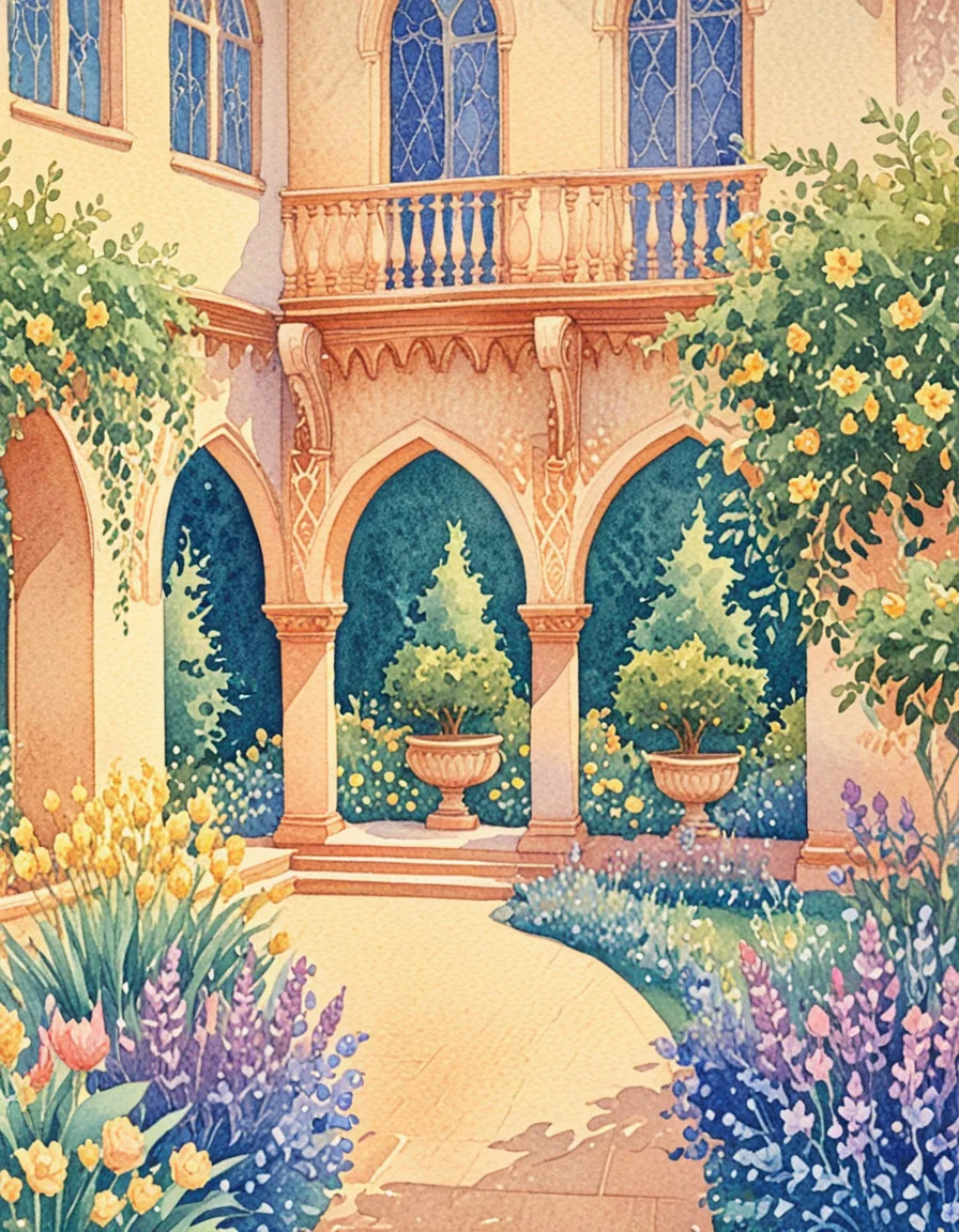 novuschroma75 style watercolor palace courtyard with lush gardens, sparkling fountains, elegant archways <lora:novuschroma75 style:1>, <lora:sdxl_lightning_8step_lora:1>