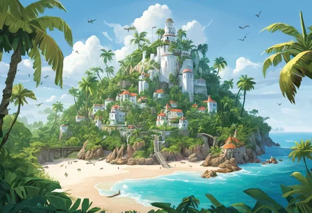 ultra-detailed, graphic novel, illustration of a landscape scenery, tropical island, the island has a big beach with a dock filled with pirate ships, a castle with very white and shiny walls in the middle of the island, rainforest, palm trees, vegetation,
BREAK,
BEST QUALITY, MASTERPIECE, HIGH-RES, 4K, 8K, HIGHLY-DETAILED,
INTRICATE DETAILS, SHARP FOCUS, SMOOTH SHADING, VOLUMETRIC LIGHTING, EXPRESSIVE ACRYLIC PAINTING, tropical-island-5400