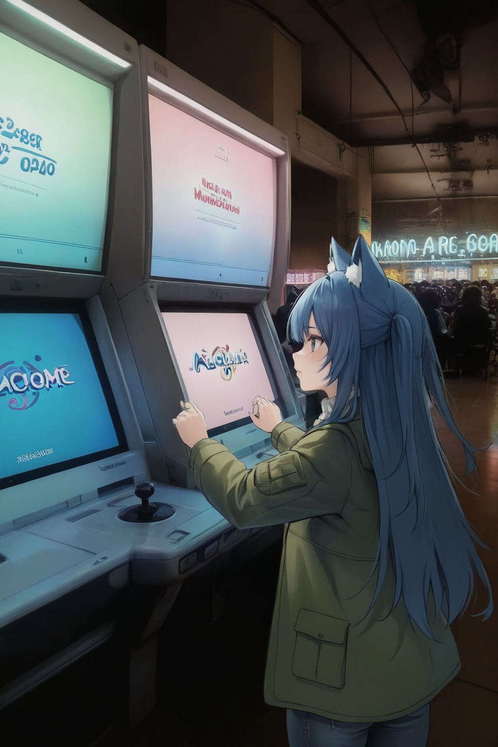 1girl,serious,arcadegame, arcade cabinet,video game,display,Rhythm game,standing,solo,shifty,,blue hair, two side up, long hair,animal ear hairband,green field Jacket,open jacket,impossible white turtleneck,jeans,detailed background,indoors,game_center,neon lights,skindentation photo background, realistic background, masterpiece, best quality, good quality, newest, very aesthetic, absurdres