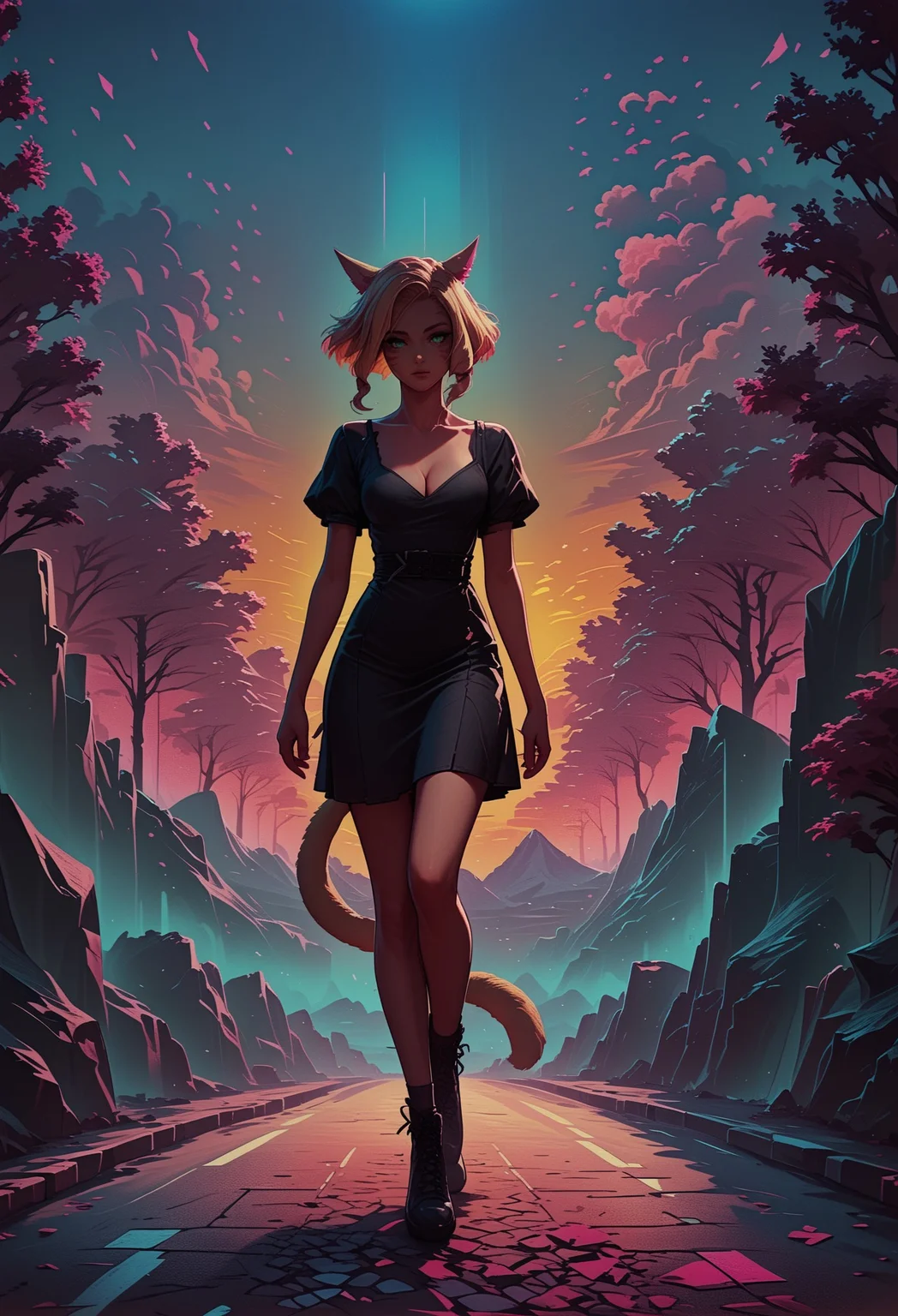 score_9, score_8_up, score_7_up, score_6_up, source_anime, mountainous horizon, sunset, neon lights, cityscape, 1girl, miqo'te with a blonde cat tail, blonde hair, short hair, laced hair, looking at viewer, cleavage, black dress, neon trim, green eyes, posing <lora:sdxl\RetroWave_PonyXL:0.8>, retrowave <lora:sdxl\sinfully_stylish_SDXL> <lora:sdxl\Concept Art Twilight Style SDXL_LoRA_Pony Diffusion V6 XL:0.8>, concept art