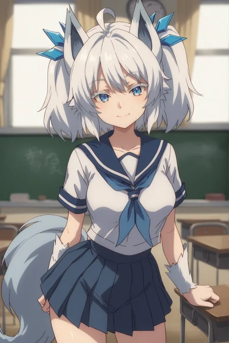 score_9, score_8_up, score_7_up, score_6_up, score_5_up, score_4_up, BREAK source_anime, 1girl,
<lora:RedoSetsunaXL-v2-07:0.7>, ChopioSetsuna, white hair, blue eyes,
medium breasts, wolf girl, wolf ears, arm fur, wolf tail, narrow waist, petite,
medium hair, twintails, hair ornament, ahoge,
white serafuku, blue sailor collar, white shirt, blue neckerchief, blue skirt, pleated skirt,
classroom, standing, smile, seductive pose,