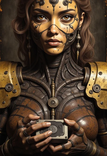 A waist-up post-apocalyptic portrait of a woman whose form is an intricate patchwork of cybernetic remnants and salvaged holy relics from a long-dead civilization. Her face, half-covered by a shattered golden mask, conceals the mismatched plating beneath, where rusted bolts and scavenged circuits hold her jaw together. Her throat, adorned with a repurposed sensor array, pulses faintly with a dying power source, illuminating her worn leather-and-metal armor. Her left arm, made from a mix of old exosuit components and hand-wrapped cloth, barely functions, its servos exposed and rattling with every movement. Her clothing is a mosaic of salvaged silks, worn combat armor, and woven wire, a personal shrine to the lost world she scavenges from. In her hands, she holds a broken hard drive, ancient data still flickering on its surface—perhaps the last remnants of forgotten knowledge.