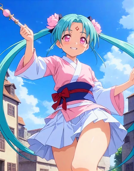 anime, best quality, (masterpiece:1.4), (high quality:1.4), sharp focus, 4k, absurd resolution, detailed hands, score_9, score_8_up, score_7_up, score_6_up, source_anime, anime, best quality, (masterpiece:1.4), (high quality:1.4), sharp focus, 4k, absurd resolution, highly detailed, highres, extremely detailed, short girl, <lora:sasami.pony:0.8> sasami, sasami magic, sasami true
source anime, smile, looking at viewer, wand, school uniform, weapon, twintails, aqua hair, facial mark, flower, forehead mark, freckle, hair flower, hair ornament, long hair, green long sleeves, miniskirt, pink eyes, white skirt, pink obi, Poised on tiptoe, one arm arched gracefully above, she epitomizes elegance and discipline in dance,