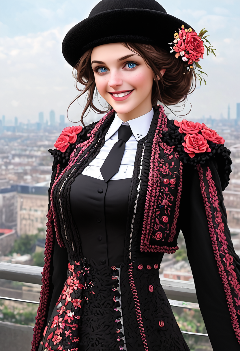 half length, solo, willowy 1girl wearing plain black maxi skirt,  jacket,  fabric, stitching, flower design,  wide brim black  hat, perfect face, smile, shirt, necktie, breasts, city, tr4j3
<lora:traje_PNY_v2_r1:0.8>