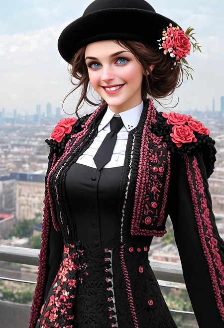 half length, solo, willowy 1girl wearing plain black maxi skirt,  jacket,  fabric, stitching, flower design,  wide brim black  hat, perfect face, smile, shirt, necktie, breasts, city, tr4j3
<lora:traje_PNY_v2_r1:0.8>