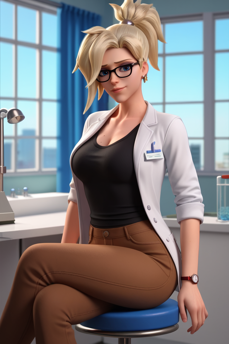 score_9, score_8_up, score_7_up, BREAK, <lora:owc-guy-PONYv1:1>, 1girl, solo, mercy \(overwatch\), glasses, lab coat, hospital, indoors, sitting, stool, looking at viewer, shirt, depth of field, brown pants, black shirt, window,