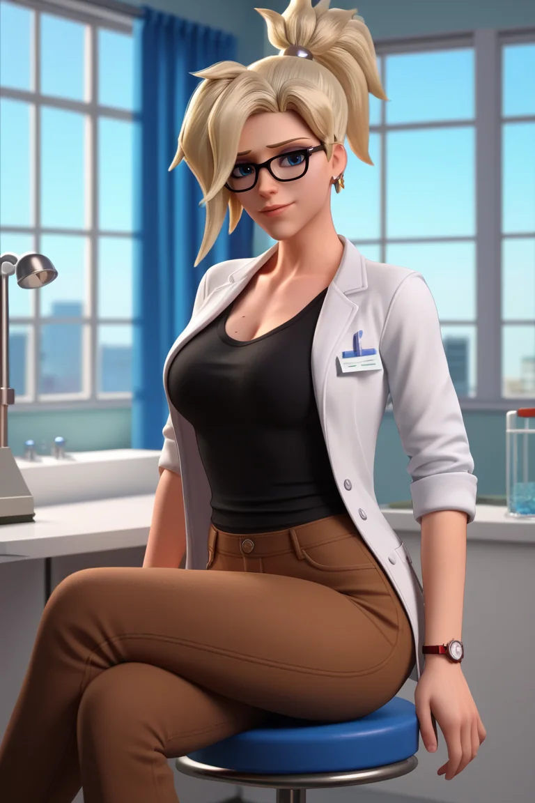 score_9, score_8_up, score_7_up, BREAK, <lora:owc-guy-PONYv1:1>, 1girl, solo, mercy \(overwatch\), glasses, lab coat, hospital, indoors, sitting, stool, looking at viewer, shirt, depth of field, brown pants, black shirt, window,