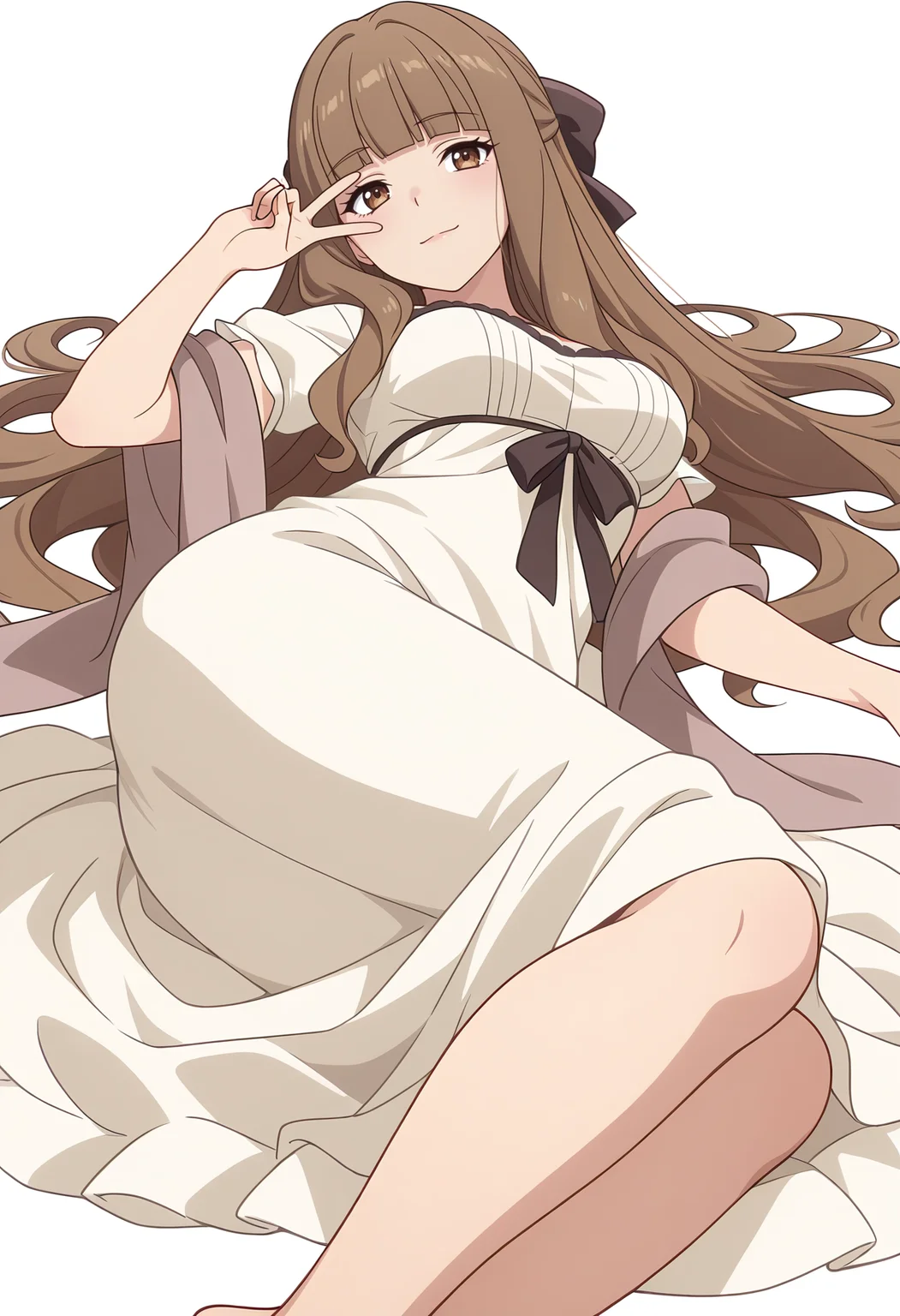 Smooth Quality,masterpiece,very intricate, high quality details, ultra realistic, high detailed skin,detailed enviorement,
white background, simple background, 
front view,=^=,v over eye,lying on side, one arm supporting head, relaxed legs, soft smile, casual vibe,  ,
 <lora:Klyrode_Elizabeth_Cinabrio:0.8> klyrodeelizabeth/cnn, 1girl,brown hair, long hair,brown eyes, blunt bangs, very long hair,dress, short sleeves, white dress, shawl,hair bow,