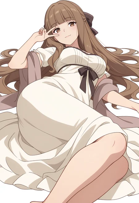 Smooth Quality,masterpiece,very intricate, high quality details, ultra realistic, high detailed skin,detailed enviorement,
white background, simple background, 
front view,=^=,v over eye,lying on side, one arm supporting head, relaxed legs, soft smile, casual vibe,  ,
 <lora:Klyrode_Elizabeth_Cinabrio:0.8> klyrodeelizabeth/cnn, 1girl,brown hair, long hair,brown eyes, blunt bangs, very long hair,dress, short sleeves, white dress, shawl,hair bow,