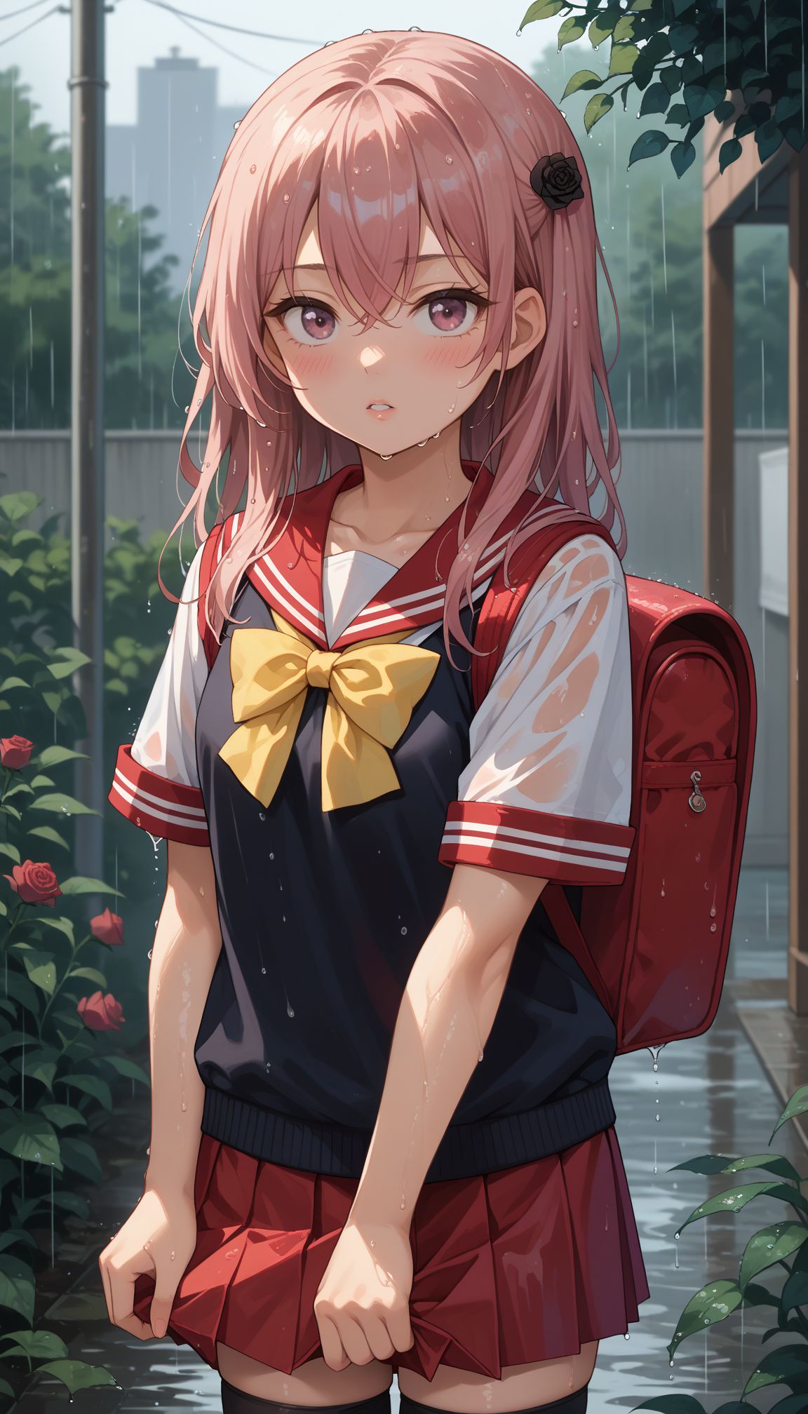 score_9, score_8_up, score_7_up, source_anime, 
<lora:Inui Sajuna :0.8>, AASajuna, 1girl, backpack, red skirt, wet clothes, black thighhighs, bag, long hair, pink hair, black flower, rain, black rose, outdoors, white shirt, blurry background, school uniform, hair flower, hair ornament, yellow bow, short sleeves, pleated skirt, looking at viewer, red sailor collar, blush, hair between eyes, standing, black sweater vest, wet hair, small breasts, pink eyes, parted lips, zettai ryouiki, cowboy shot, serafuku, collarbone, bowtie, depth of field