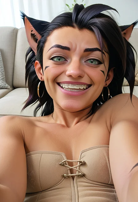 masterpiece, best quality, amazing quality, very aesthetic, absurdres, very awa, (22 year old woman, solo, Catra) couch, <lora:Liking_Masturbation-000014:1.0> rating_safe<lora:Braces_Only:1> close-up br4c3f4c3, smile from below,looking down,