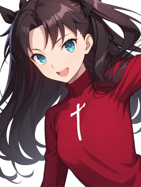 masterpiece,best quality,newest,1girl,solo,
<lora:T_Rin_ilxlv1.3:1>,t_rin,two side up,black hair bow,black hair,blue eyes,r_clothes,turtleneck,long sleeves,red shirt,
<lora:Fixhands_anime_bdsqlsz_V1:1>,looking_at_viewer,simple_background,white_background,upper_body,:d,standing,