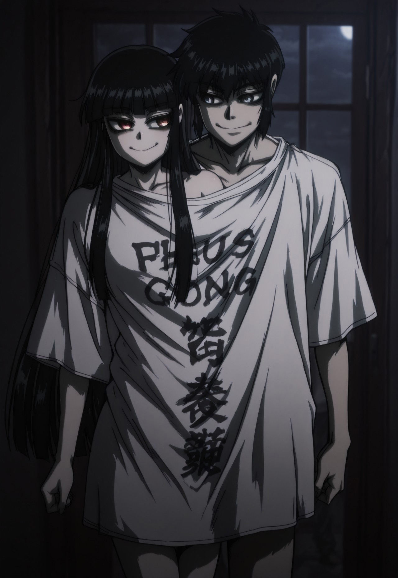 safe_pos, masterpiece, best quality, newest, dark, night, indoors, (((1boy,1girl, 1boy and 1girl, couple:1.6, friends,))) <lora:Girlycard:1>  Girlycard, black hair, long hair, hime cut, blunt bangs, red eyes, small breasts, shared clothes, shared shirt, naked shirt, white shirt, t-shirt, clothes writing, oversized clothes, oversized shirt, looking at another, smug, <lora:Get Along Shirt:1>,
<lora:HYoungWalter:1> YoungWalter, solo, 1boy, male focus, black hair, short hair, blue eyes, shared clothes, shared shirt, naked shirt, white shirt, t-shirt, clothes writing, oversized clothes, oversized shirt, looking to the side, annoyed