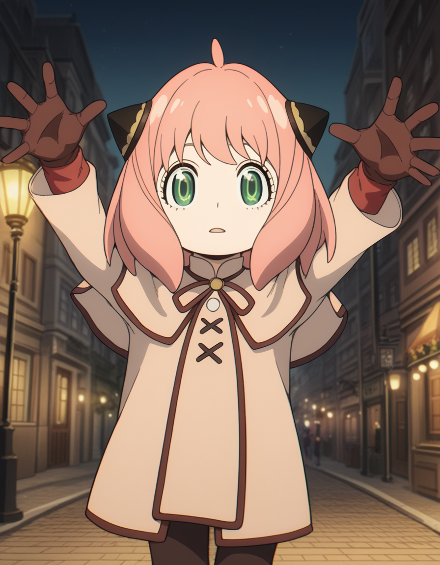 score_9, score_8_up, score_7_up, source_anime, <lora:anya-forger-movie-ponyxl-lora-nochekaiser:1>, anya forger, anya (spy x family), bangs, green eyes, pink hair, ahoge, child, female child, hairpods,, gloves, long sleeves, ribbon, brown gloves, capelet, robe,, city street, evening, streetlights, walking dog, quiet neighborhood, gentle breeze, , looking at viewer, on back, arm support, arms up, incoming hug, pov, reaching, reaching towards viewer,, solo,, cowboy shot, dutch angle,