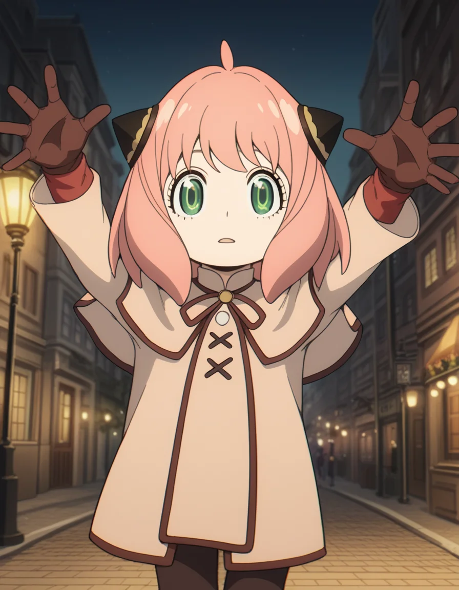 score_9, score_8_up, score_7_up, source_anime, <lora:anya-forger-movie-ponyxl-lora-nochekaiser:1>, anya forger, anya (spy x family), bangs, green eyes, pink hair, ahoge, child, female child, hairpods,, gloves, long sleeves, ribbon, brown gloves, capelet, robe,, city street, evening, streetlights, walking dog, quiet neighborhood, gentle breeze, , looking at viewer, on back, arm support, arms up, incoming hug, pov, reaching, reaching towards viewer,, solo,, cowboy shot, dutch angle,