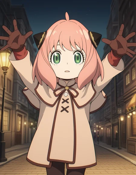 score_9, score_8_up, score_7_up, source_anime, <lora:anya-forger-movie-ponyxl-lora-nochekaiser:1>, anya forger, anya (spy x family), bangs, green eyes, pink hair, ahoge, child, female child, hairpods,, gloves, long sleeves, ribbon, brown gloves, capelet, robe,, city street, evening, streetlights, walking dog, quiet neighborhood, gentle breeze, , looking at viewer, on back, arm support, arms up, incoming hug, pov, reaching, reaching towards viewer,, solo,, cowboy shot, dutch angle,