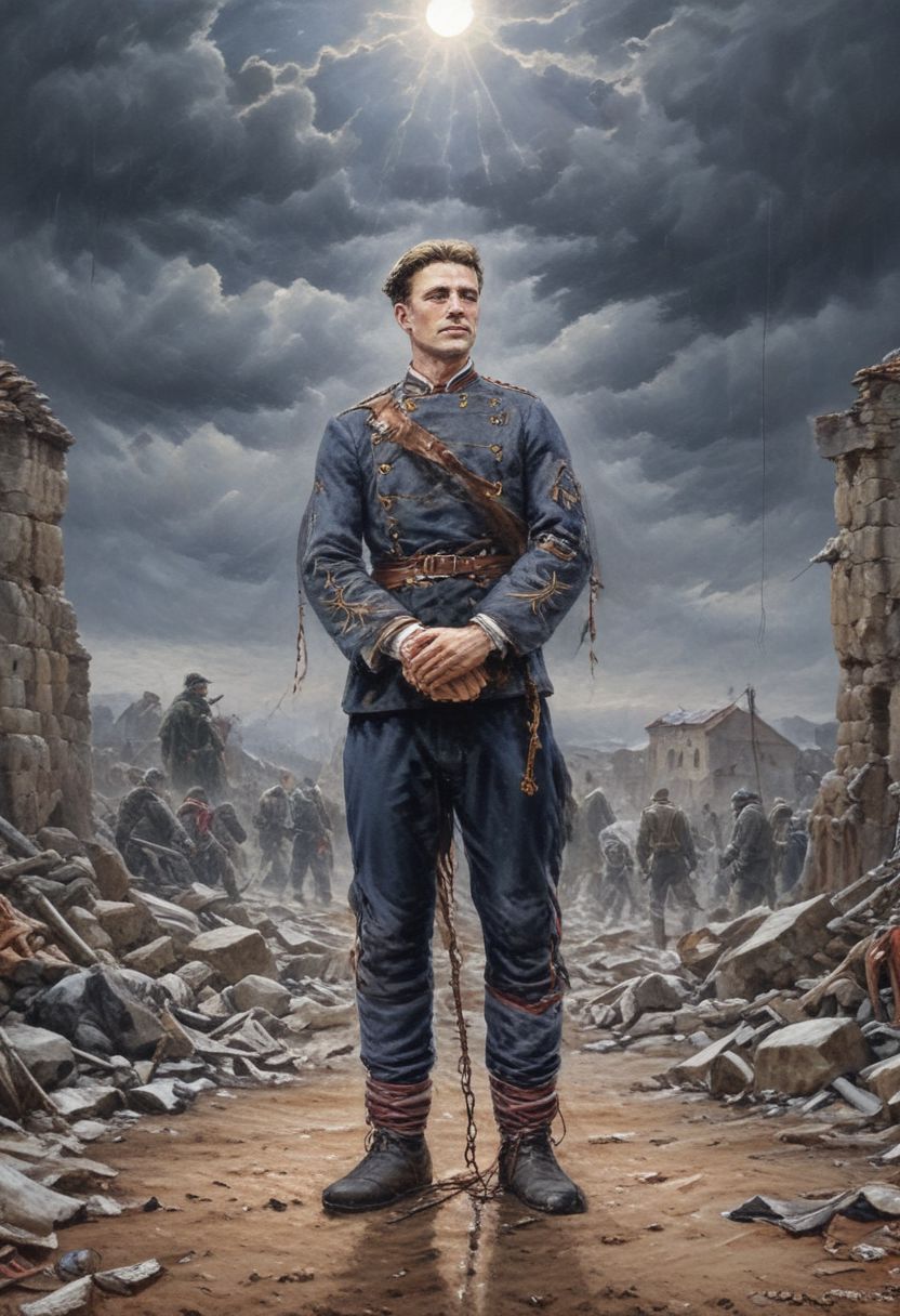Dramatic and realistic high quality and ultra high resolution image of Vasil Levski in front of the gallows accompanied by Ottoman soldiers, correct anatomy, correct anatomy of arms and legs Vasil Levski: Tall, slender man with a beard and moustache. Dressed in dark clothing, draped with (the yamurluk is a thick woolen outer garment) a folk costume to protect against the cold and rain characteristic of the era (1860s). He radiates courage and determination, but at the same time he is aware of his destiny. hand and foot shackles. (The gallows): (A wooden structure erected in a field near Sofia.) A crowd of people has gathered around it, watching in silence. Their faces are sad, dejected. Some of them may cry or mumble. In the background you can see churches, mosques or other buildings from the era. Atmosphere: dramatic, sad, hard winter, cold weather, stormy wind, dark and gloomy, The air is filled with tension and sorrow, sadness. The sun is setting, casting long shadows. a heavenly ray of light through the clouds falls on Levski, symbolizing his faith and martyrdom. A mountain or other symbol of freedom must be visible behind the gallows. wolves in the distance, children crying, resistance
