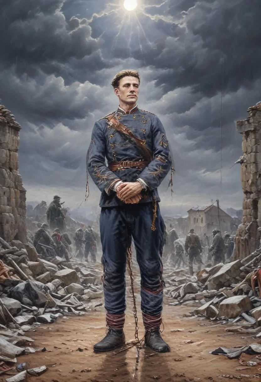 Dramatic and realistic high quality and ultra high resolution image of Vasil Levski in front of the gallows accompanied by Ottoman soldiers, correct anatomy, correct anatomy of arms and legs Vasil Levski: Tall, slender man with a beard and moustache. Dressed in dark clothing, draped with (the yamurluk is a thick woolen outer garment) a folk costume to protect against the cold and rain characteristic of the era (1860s). He radiates courage and determination, but at the same time he is aware of his destiny. hand and foot shackles. (The gallows): (A wooden structure erected in a field near Sofia.) A crowd of people has gathered around it, watching in silence. Their faces are sad, dejected. Some of them may cry or mumble. In the background you can see churches, mosques or other buildings from the era. Atmosphere: dramatic, sad, hard winter, cold weather, stormy wind, dark and gloomy, The air is filled with tension and sorrow, sadness. The sun is setting, casting long shadows. a heavenly ray of light through the clouds falls on Levski, symbolizing his faith and martyrdom. A mountain or other symbol of freedom must be visible behind the gallows. wolves in the distance, children crying, resistance