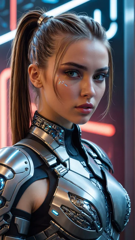 <lora:bmbploraxl6:0.5> bmbplora
intricate close-up of a young woman with ponytail with long bangs, intense expression, wearing detailed cyborg armor, extremely detailed and realistic skin texture, leaning against a futuristic wall with holographic displays, highly detailed, 8k, hyperrealistic, cinematic lighting, lifelike, perfect hands, realistic fingers, natural hand pose