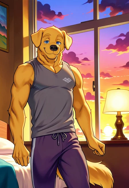 <lora:Travis_PeakeILLXL-05:0.7>, travis_(meesh), blue eyes, dog boy, golden retriever, short hair, 1boy, solo, looking at viewer, best quality, high quality, intricate details, (detailed eyes, detailed), detailed background, bedroom, lamp, window, sunset, clouds, inside, indoors, digital media, (soft shading), muscular male, bara, athletic build, pectorals, large pectorals, grey shirt, sleeveless, pants, smile, pose, posing, feet out frame, close-up, jogging pants