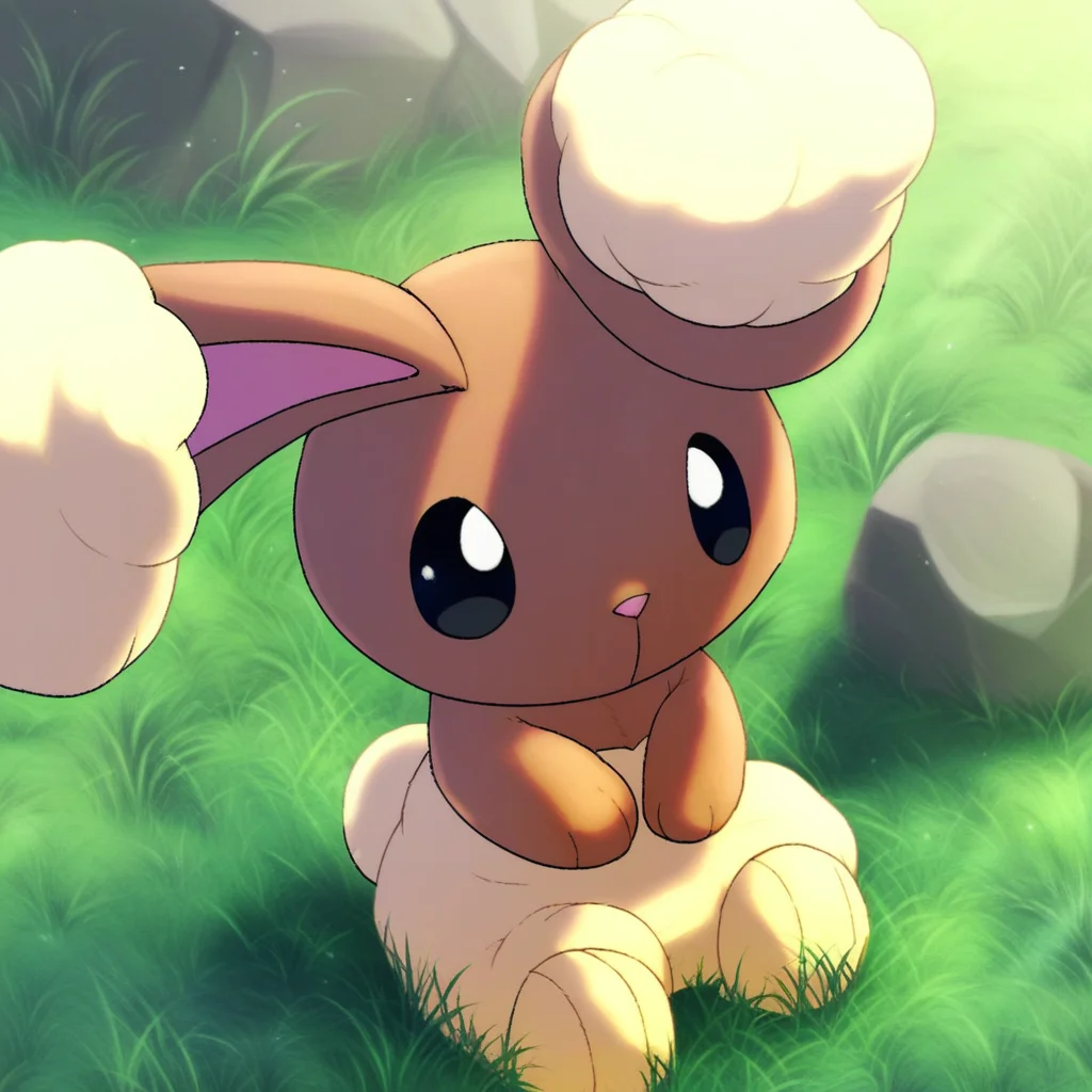score_9, solo, buneary, furry, pokemon_(creature), black eyes, brown fur, body fur, rabbit ears, sitting, grass, rocks, natural lighting