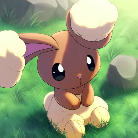 score_9, solo, buneary, furry, pokemon_(creature), black eyes, brown fur, body fur, rabbit ears, sitting, grass, rocks, natural lighting