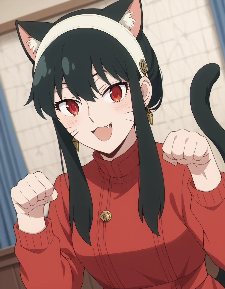 score_9, score_8_up, score_7_up, source_anime, yorbriar, <lora:yor-briar-s1-ponyxl-lora-nochekaiser:1>, yor briar, black hair, red eyes, earrings, white hairband, hairband, long hair, sidelocks,, <lora:paw-pose-ponyxl-lora-nochekaiser:1>, paw pose, cat ears, cat tail, animal ears, tail, cat girl, open mouth, fang, whiskers,, indoors, smile,, cowboy shot, dutch angle, looking at viewer,