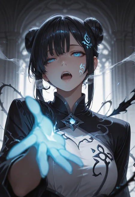 masterpiece, best quality, volumetric lighting, dramatic lighting, depth of field, sharp focus, semi realistic, realistic shading, warm natural lighting, (emphasize body curves:1.2), (mature female:1.2), (detailed face and eyes:1.2), (proper anatomy:1.3), natural interaction, (highlighted skin gloss:1.1),
BREAK
solo, blue eyes, long black hair, bangs, side hair strands, ribbon bun, twin loop bun,
1girl, (black tendrils reaching toward face from summoned glyph:1.4), one eye wide, other shut tight, (open mouth, sharp breath:1.3), glowing hands hovering mid-air, (neck arched), (ethereal smoke swirling), close-up tilted upward
<lora:illustrious_quality_modifiers_masterpieces_v1:0.6> <lora:MGE_V5.2_IL:0.7> <lora:ppw_v7_Illuv1.0_1_r2:0.4> <lora:USNR_STYLE_ILL_V1_lokr3:0.5> <lora:Yun_Shuang__Demon_Emperor__Illustrious:0.9>