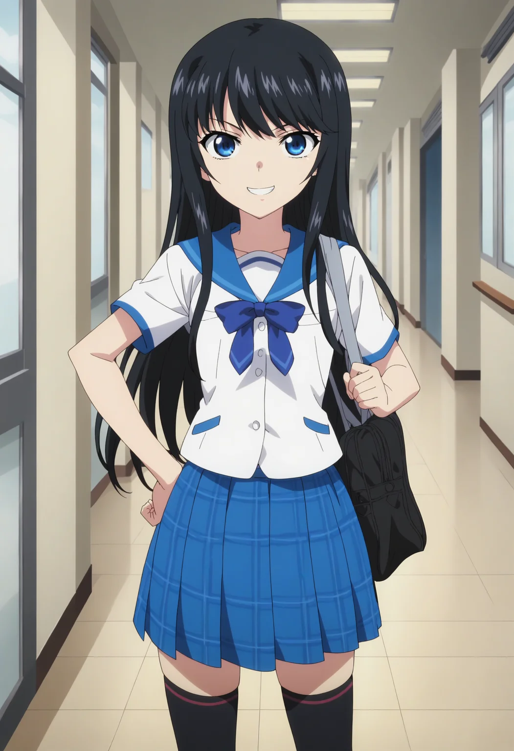 score_9, score_8_up, score_7_up, score_6_up, score_5_up, score_4_up , anime coloring ,BREAK source_anime, anime,screencap,
1girl, solo, natsukim, blue skirt, school uniform, serafuku, black thighhighs, plaid skirt,  <lora:PonyXL STB Natsuki V1:1>
indoors,school, hallway, 
smile, looking at viewer, hand on hip,