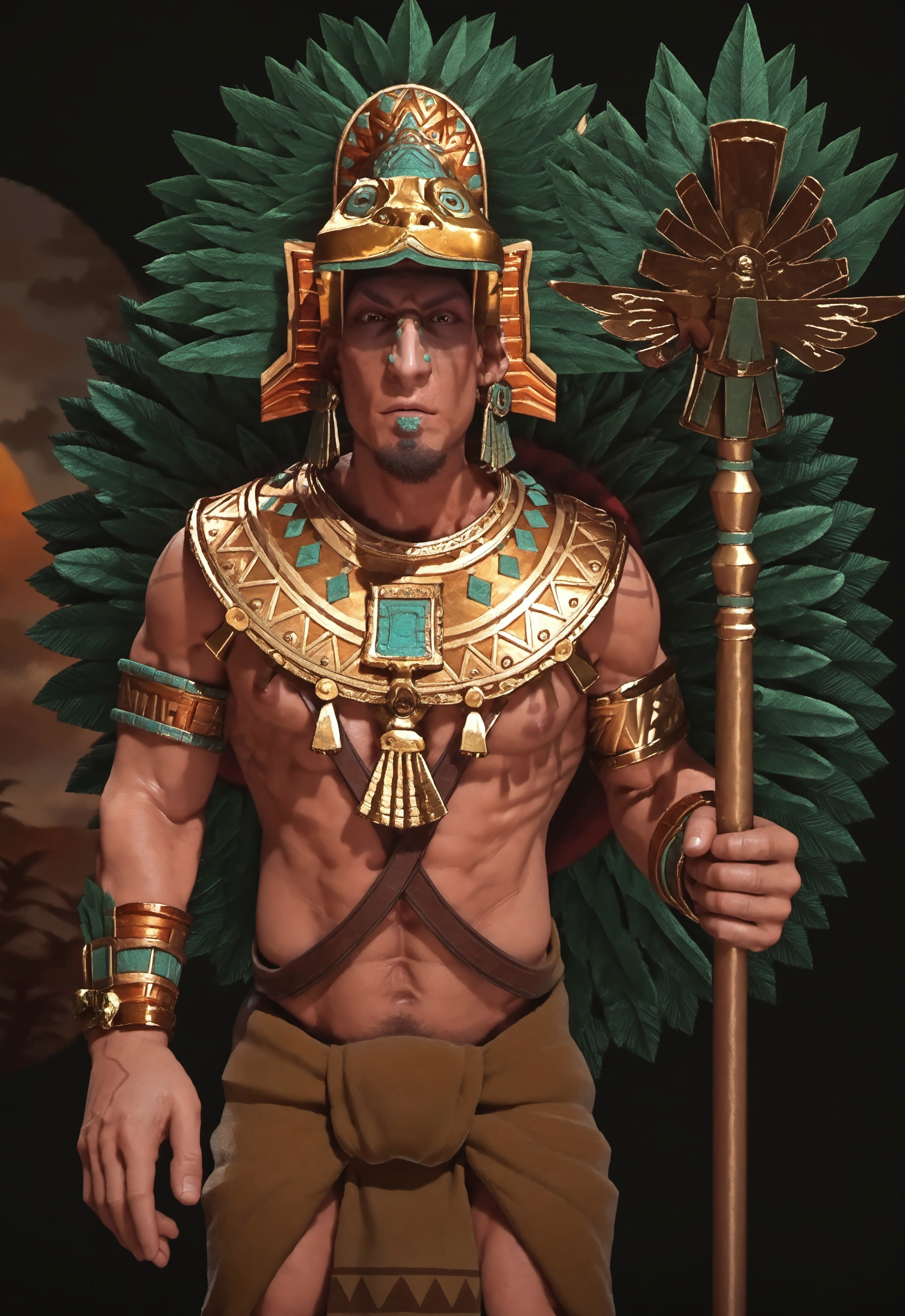 safe_pos, safe_pos, score_9, score_8_up, rating_nsfw, ultra hd, absurdres, best quality, masterpiece, masculine, solo, 1male, male focus, best anatomy, best eyes, best hands, sexiest man alive, erotic, gay porn, hand with five fingers,

Civ6Montezuma, Civ6MontezumaStaff, Civ6MontezumaHelmet, leaf, brown eyes, helmet, jewellery, loincloth, goatee, facial hair, bracelet, dark-skinned male, aztec background, mayan temple, looking at viewer, dutch angle, detailed background, detailed lighting, best aesthetic, Expressiveh