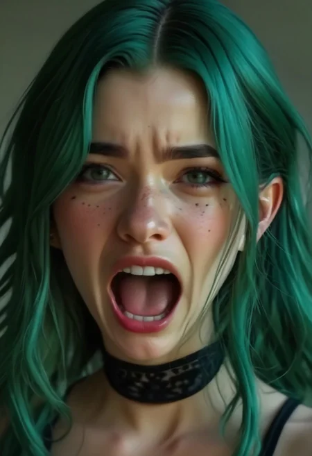 Realistic, realism, 4K, hi-res, Daphne, 20, green hair, freckles, black collar, front facing, (angry), shouting, (enraged), wild,