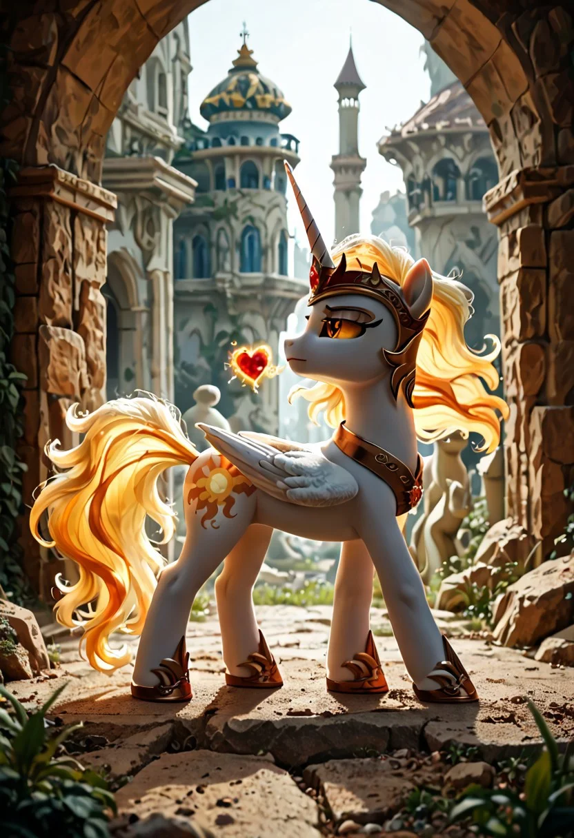 score_9, score_8_up, score_7_up, score_6_up, score_5_up, score_4_up, The dark side of Celestia, Daybreaker, alicorn pony, g5, rich colors, nature, magic meadow, Crystal Empire, crystal heart in the center of the square, pony statue, aroused, front view, detailed background, pony, detailed, 8k quality, side view, beautiful, teasing, tools, leaned to the floor, free actions, masterpiece, best quality,