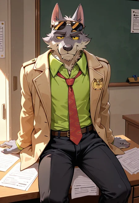 masterpiece, best quality, amazing quality, very aesthetic, absurdres, newest,  high quality, detailed, male, solo male, DaleDonovan, 1boy, mature male, male, anthro, wolf, broad shoulders, scruffy, gray fur, light tan underbelly, black eyes, yellow sclera, thick eyebrows, animal ears, green collared shirt, red tie, tan jacket, detective, sunglasses on forehead, black pants, half body, indoors, sitting at desk, papers on desk, looking at viewer, one raised eyebrow