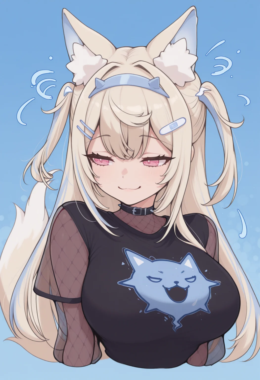 masterpiece, best quality, 1girl, solo, FuwwAg, pink eyes, blonde hair, blue streaks, dog ears, long hair, two side up, streaked hair, hairband, hairclip, tail, black shirt, see-through sleeves, fishnets, abstract, intricate details, chromatic aberration, swirling motions, explosive effect, smile, cropped torso, smug, splash of color, color splash, blue theme, abstract background, <lora:ChamFuwawaAbyssgardIllustriousXL:1>