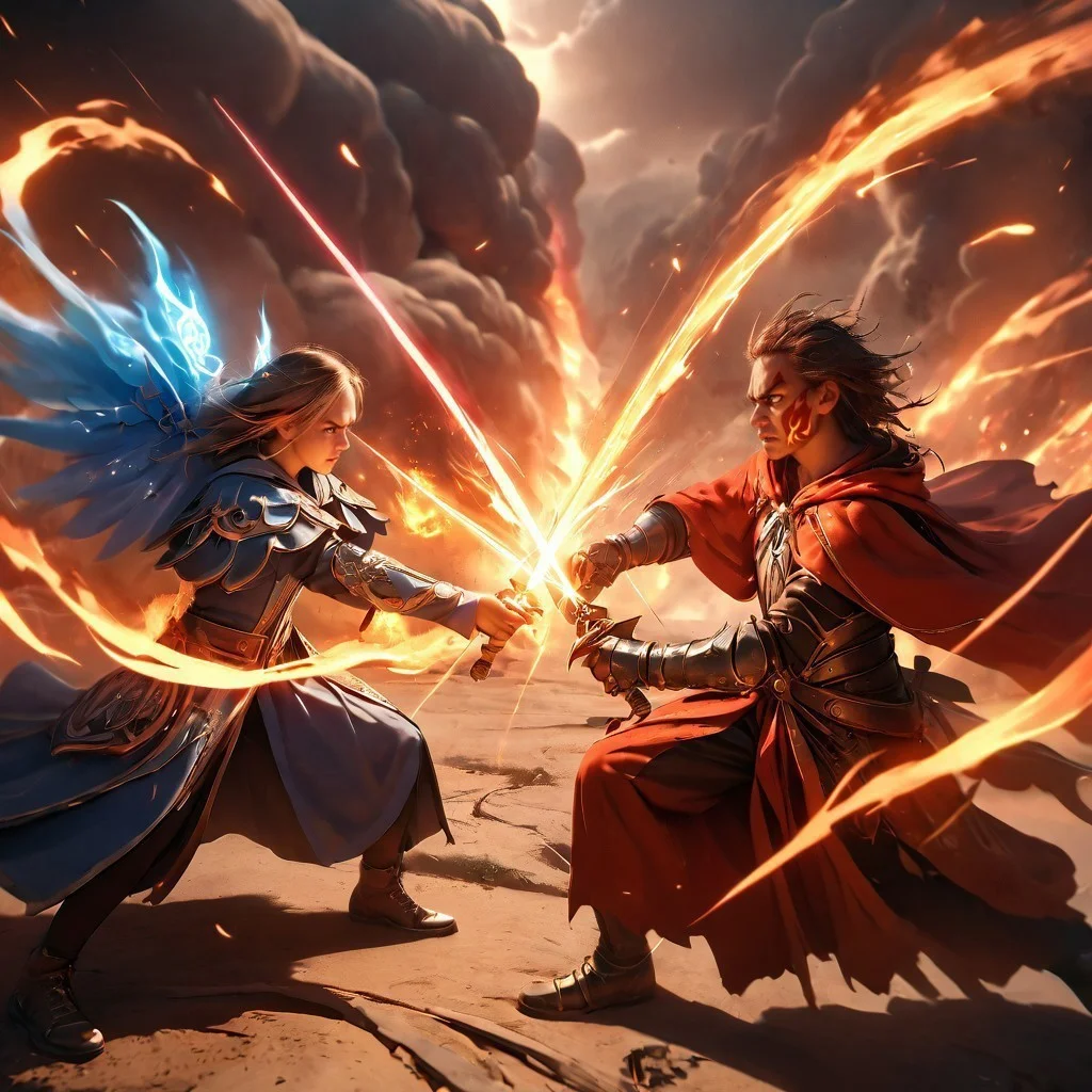 (best quality:1.1), (masterpiece:1.2), (realistic:1.2), (detailed:1.1), (highres, best quality:1.2), very aesthetic, absurdres, perspective from above
wlop miimalism
cinematic lighting , ((((duel, magical duel,)))), beautiful face, detailed face, wide shot,
BREAK, 1boy, devil, angry, red magic behind him, ((fire magic)), ((fire spell)), paladin, armor, wings,
BREAK, 1girl, human, grey magic behind her, ((wind magic)), ((wind spell)), ((tornado)), mage, mage clothes, anxious expression,
BREAK, casting spell, battle, war,