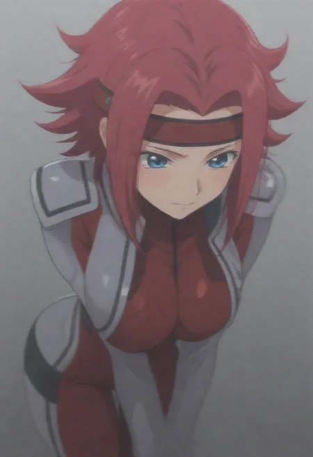 masterpiece, best quality, amazing quality,,, shiny skin,,,,,,, kouzuki kallen, red hair, short hair, blue eyes, flipped hair, headband, bodysuit, pilot suit, red bodysuit, <lora:KallenKouzukiNoobXL_byKonan:1>