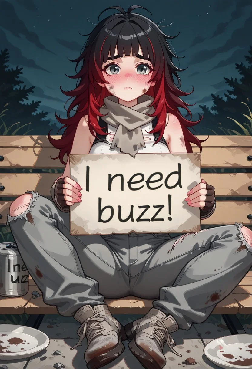 1girl, Expressiveh, KJOjane, long hair, messed up hair, messy hair, dirty hair, red hair, himecut, big eyebrows, satsuki, dirt on face, old dirty shirt, holey shirt, torn shirt, old dirty scarf, old dirty cargo, ripped pants, blue eyes, black hair, hime cut, coverd on dirt, beggar clothes, dirty shoes, dirty fingerless gloves, old gloves, holey tennis, pink nails, broken nails, green-grey eyes, black hair, medium breast, , blunt bangs, serious, blushing, ashamed, sitting on The bench in the park, empty tuna can, empty mug on The floor, empty plate on floor, a street, night sky, need_buzz, holding sign