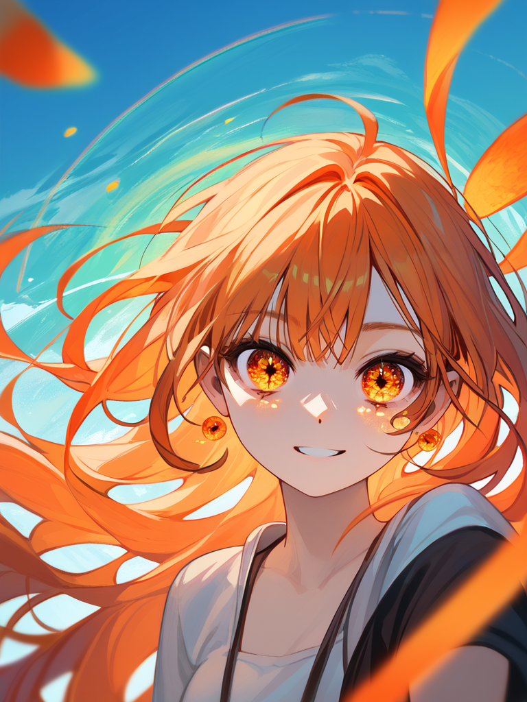 PDXL, <lora:OpalEyesV1Pony:1>, opal_eyes, 1girl, cute face, detailed eyes, short orange hair, glowing orange eyes, upper body, smiling into a camera