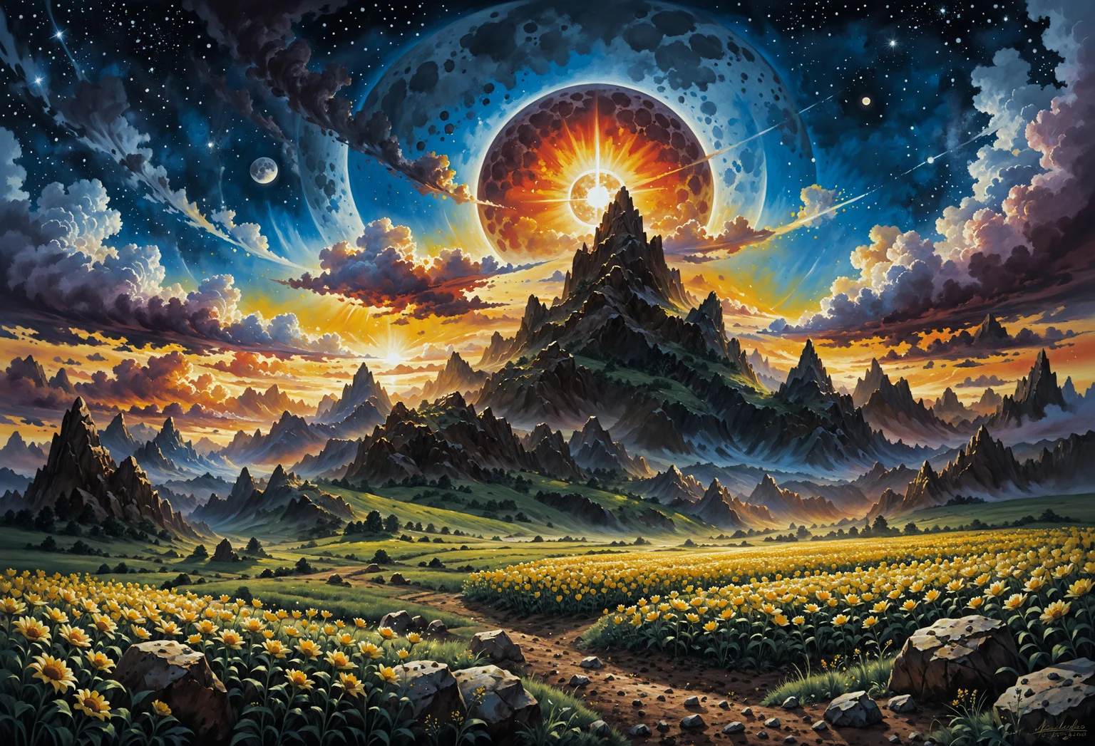 Masterpiece, 2d painting, there is a boundary down the middle of the painting, on the left side of the painting the sun is rising up into the sky, clear blue sky, on the right side the painting the moon is going down, the sky is dark with stars shining brightly in the sky, in the middle of the painting connecting light with dark is a meadow filled with yellow daffodils spread out between rocky terrain. A detailed painting