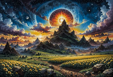 Masterpiece, 2d painting, there is a boundary down the middle of the painting, on the left side of the painting the sun is rising up into the sky, clear blue sky, on the right side the painting the moon is going down, the sky is dark with stars shining brightly in the sky, in the middle of the painting connecting light with dark is a meadow filled with yellow daffodils spread out between rocky terrain. A detailed painting 