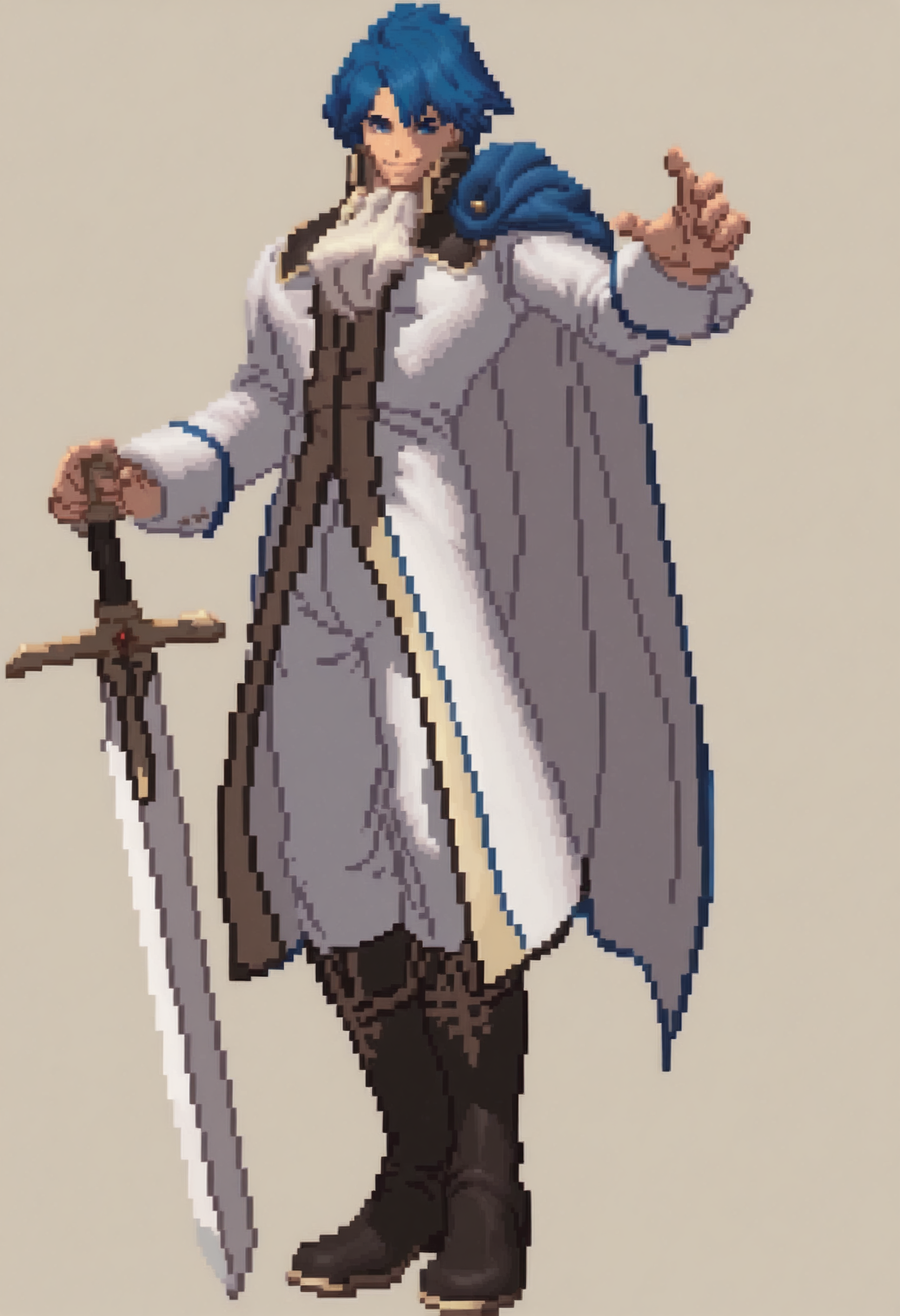 masterpiece, best quality, solo, 1boy, smile, looking at viewer,  <lora:Sigurd-illus_Fp:1>, sigurdfe4, blue eyes, blue hair, short hair, white coat, white pants, ascot, collar, armor, blue cape, long sleeves, boots, <lora:KOF-XIII-Sprites-illus_Fp:1>, simple background, pixel art, full body, holding sword, planted sword,