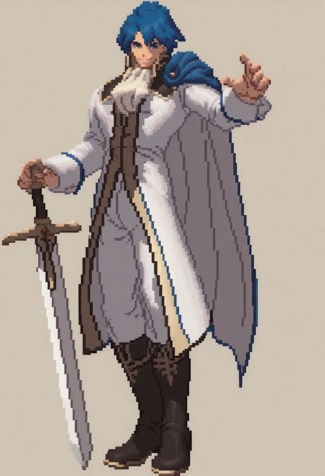 masterpiece, best quality, solo, 1boy, smile, looking at viewer, <lora:Sigurd-illus_Fp:1>, sigurdfe4, blue eyes, blue hair, short hair, white coat, white pants, ascot, collar, armor, blue cape, long sleeves, boots, <lora:KOF-XIII-Sprites-illus_Fp:1>, simple background, pixel art, full body, holding sword, planted sword,