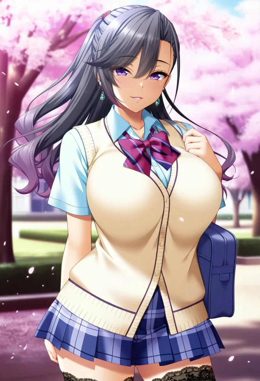 masterpiece, best quality, amazing quality,kyouka saotome, purple eyes, black hair, long hair, ponytail, mature female, 1girl, solo,breasts, school uniform,pleated skirt,lace-trimmed legwear,large breasts, plaid, earrings,black thighhighs, light blue shirt, light yellow cardigan vest, blue skirt, short sleeves,parted lips, light smile, standing, looking at viewer, cowboy shot, blurry background, outdoors, school, cherry blossoms <lora:kyouka saotomeV1:0.9>