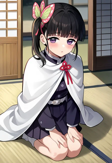 score_9, score_8_up, score_7_up, source_anime, masterpiece, 1girl, ct_k4n4o, purple eyes, black uniform, black skirt, pleated skirt, white cloak, red ribbon, white belt, long sleeves, japanese house, indoors, depth of field, looking at viewer, floor, tatami, blush, leaning forward, hands on knees, <lora:Kanao_Tsuyuri_ct:0.9>