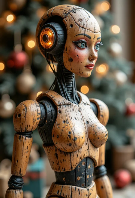 <lora:ck-old-wooden-christmas-toys-000016:1>, A high-quality, close-up photograph of a ck-owct style hand-painted wooden christmas toy featuring a humanoid robotic android cyborg woman with wooden mechanical parts, cybernetic enhancements