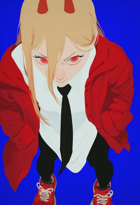 score_9, score_8_up, score_7_up, score_6_up, score_5_up, score_4_up, BREAK
1girl, black necktie, necktie, solo, long hair, horns, red eyes, shirt, jacket, white shirt, pants, black pants, red footwear, collared shirt, shoes, blonde hair, blue background, simple background, power \(chainsaw man\), standing, hands in pockets, facing viewer, ringed eyes, leaning forward,