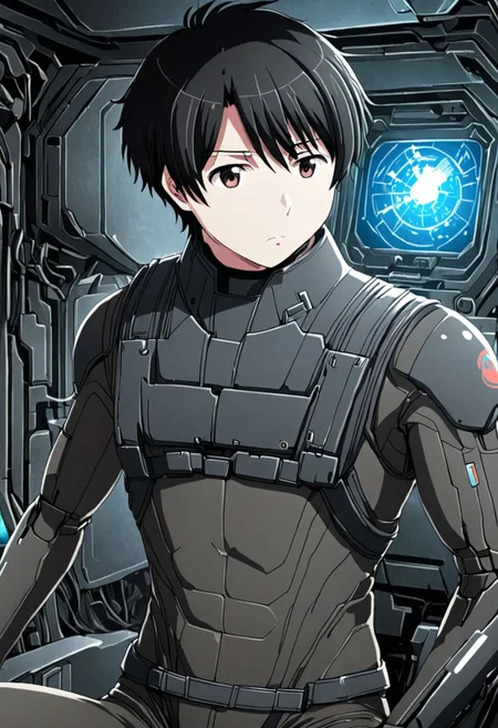 high resolution, solo, best quality, 1Boy, Inaho Kaizuka, Black Hair, Science Fiction, OverallDetail