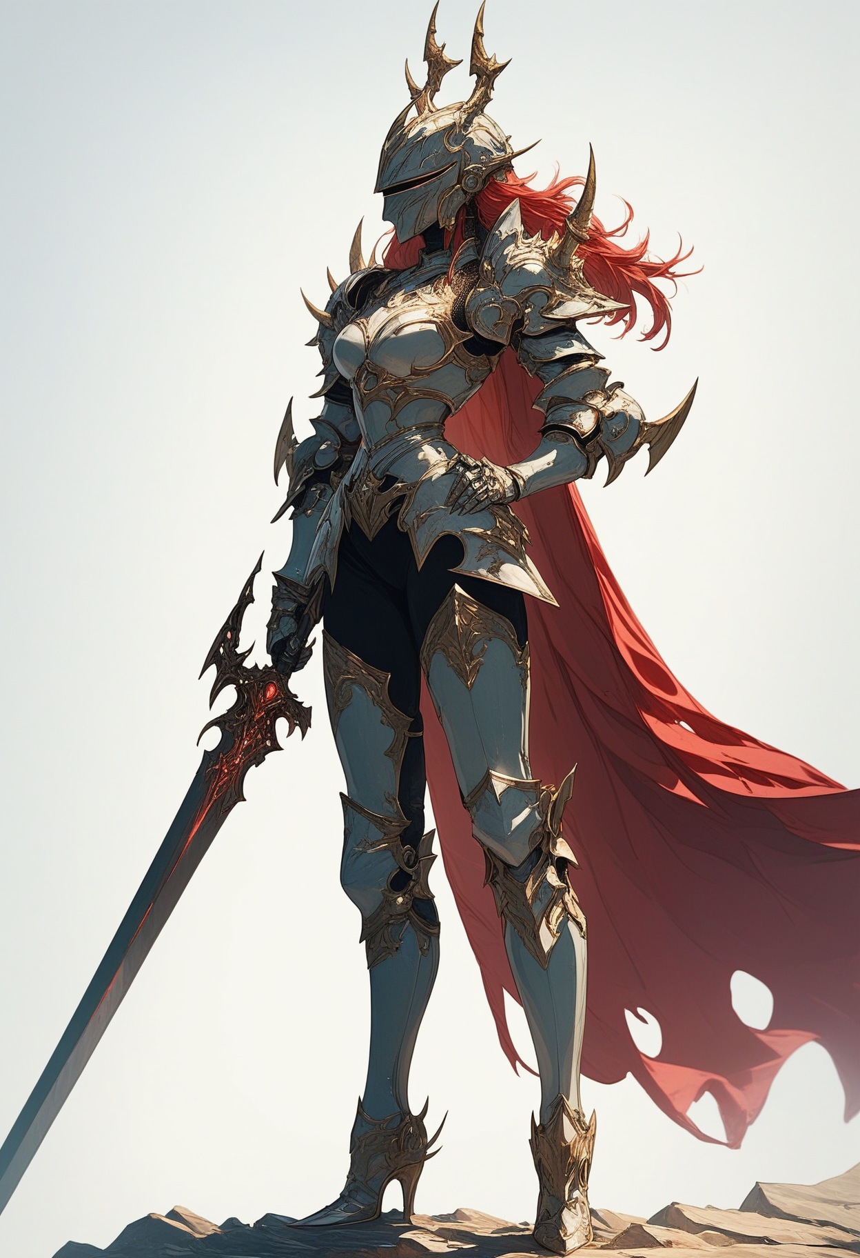 score_9, score_8_up, score_7_up, score_6_up, score_5_up, score_4_up,
 <lora:ArmorSentinelV2:1>, arm0rs3nt1n3l,
1girl, solo, long hair, simple background, white background, holding, standing, full body, weapon, red hair, boots, horns, signature, sword, holding weapon, cape, armor, high heels, dated, torn clothes, holding sword, helmet, shoulder armor, 1other, gauntlets, spikes, pauldrons, breastplate, red cape, fake horns, armored boots, fantasy, greaves, waist cape, planted, faulds, knight, full armor, ambiguous gender, torn cape, helm, horned helmet, plate armor