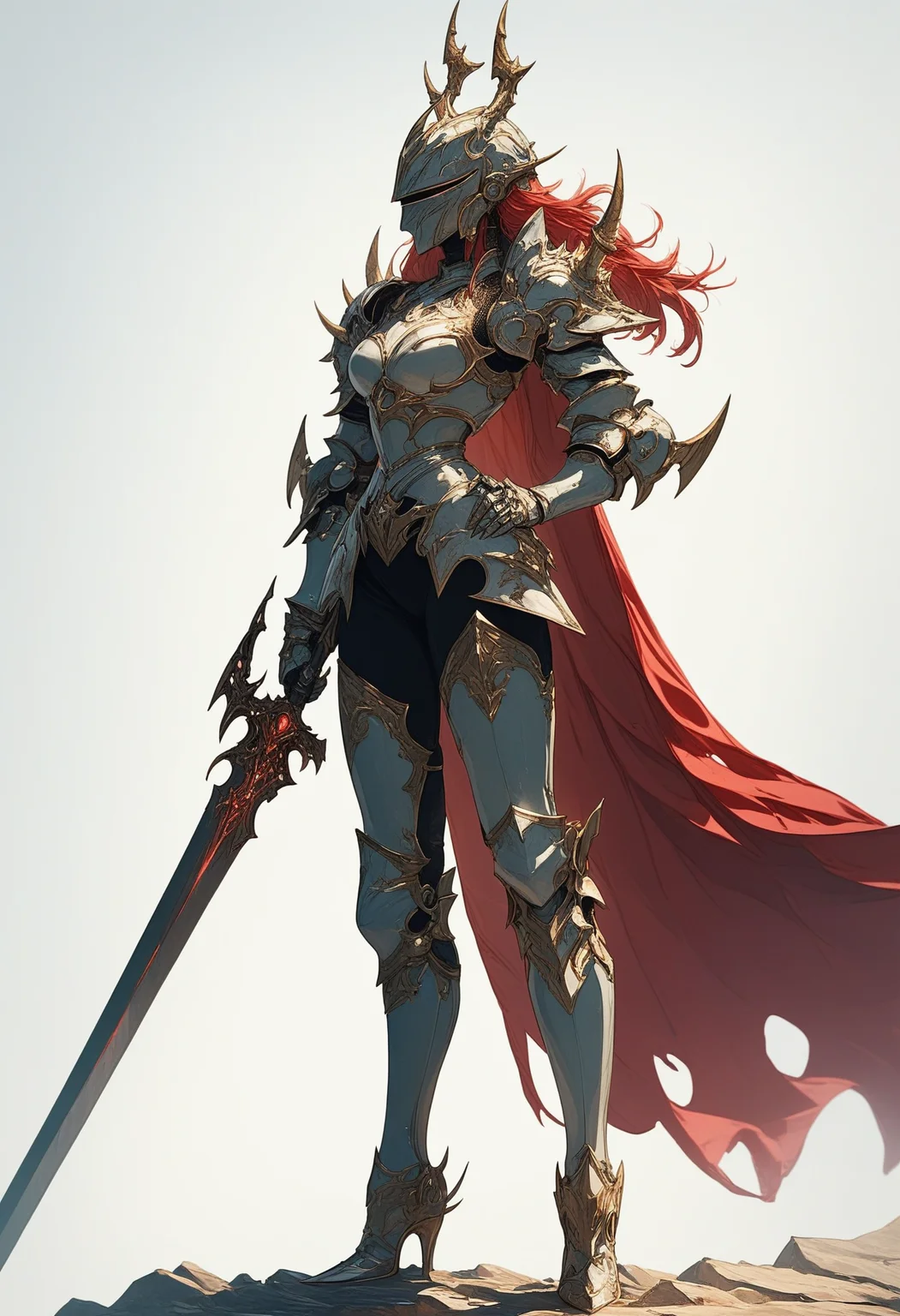 score_9, score_8_up, score_7_up, score_6_up, score_5_up, score_4_up,
<lora:ArmorSentinelV2:1>, arm0rs3nt1n3l,
1girl, solo, long hair, simple background, white background, holding, standing, full body, weapon, red hair, boots, horns, signature, sword, holding weapon, cape, armor, high heels, dated, torn clothes, holding sword, helmet, shoulder armor, 1other, gauntlets, spikes, pauldrons, breastplate, red cape, fake horns, armored boots, fantasy, greaves, waist cape, planted, faulds, knight, full armor, ambiguous gender, torn cape, helm, horned helmet, plate armor