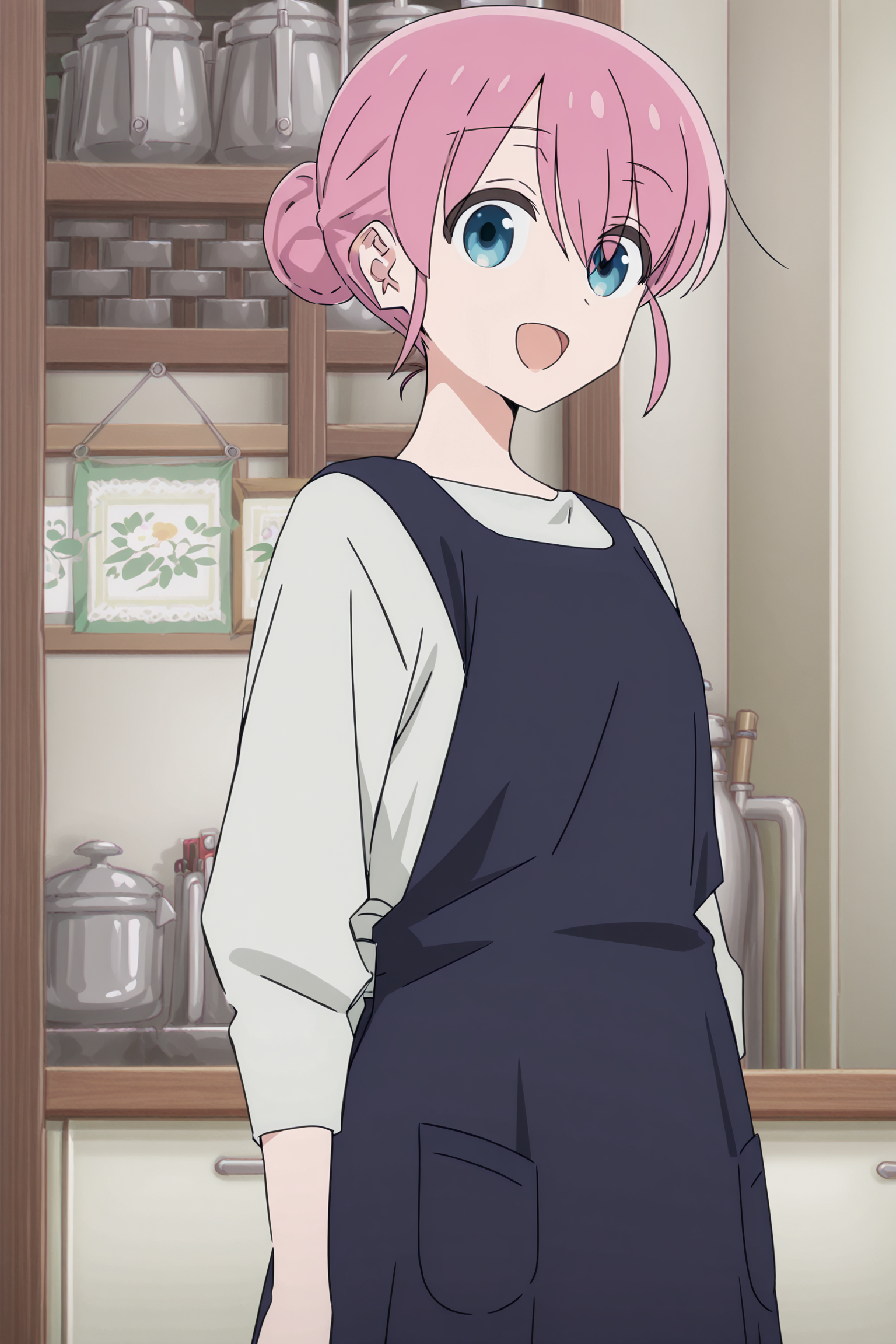 anime screencap, anime coloring, detailed face, masterpiece, best quality, very aesthetic, absurdres, volumetric lighting, official style, amazing quality, ultra detailed,  highres, amazing quality, scenery, beautiful detailed hair, beautiful detailed eyes, 
 <lora:StS-Illustrious-Detail-Slider-v1.0:4>
indoors, kitchen,
 <lora:Michiyo_Gotoh_Bocchi_the_Rock:1>
Michiyo Gotoh (character), 1girl, solo, pink hair, blue eyes,  hair bun, apron, shirt, smile, looking at the viewer, cowboy shot, open mouth, :D